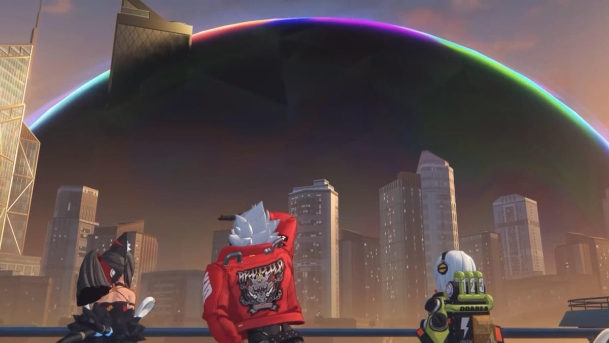 Three characters looking at a Hollow, which is like a massive dome encircling a city, in Zenless Zone Zero
